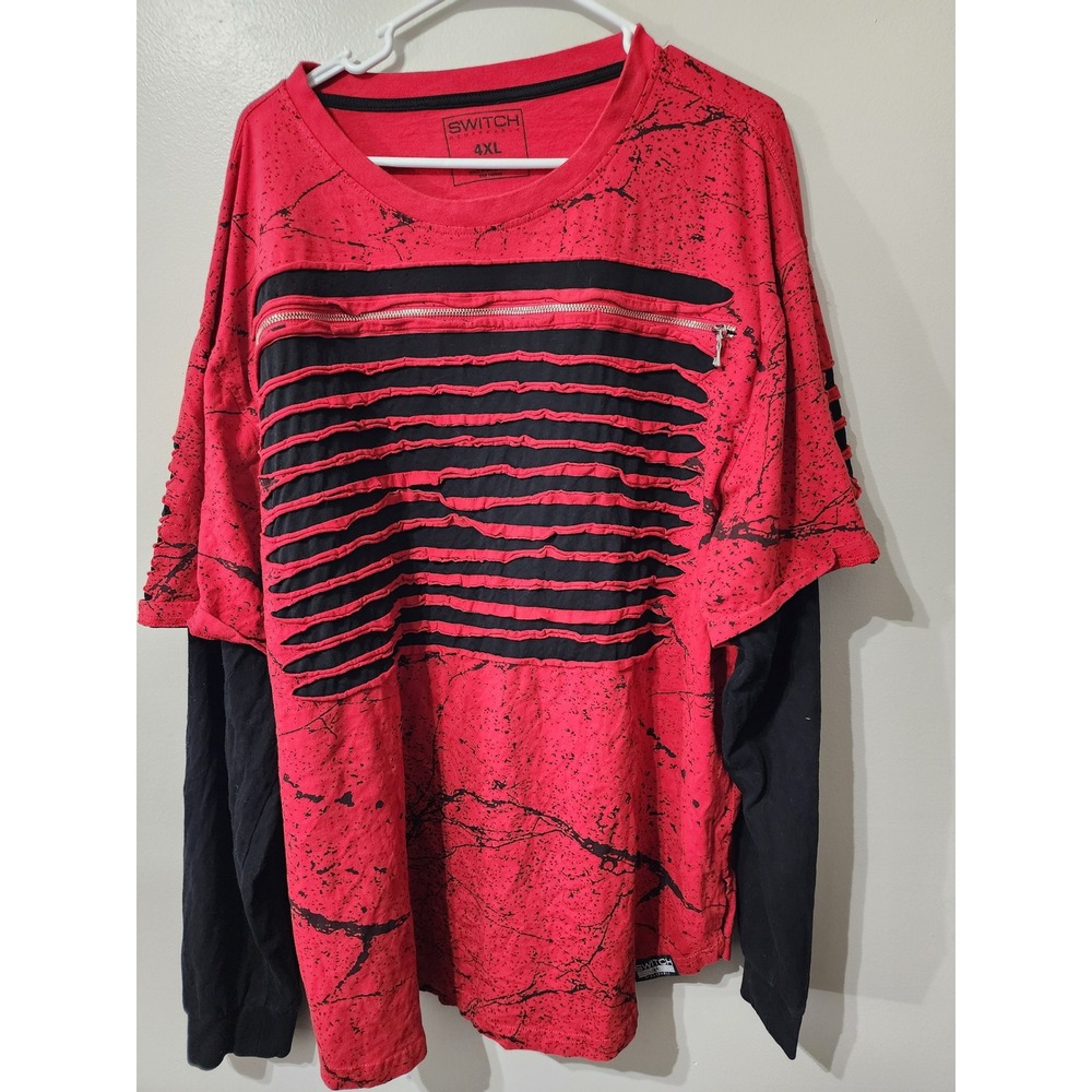 Switch Remarkable Mens 4XL Red Black Distressed Layered Long Sleeve Shirt Zipper